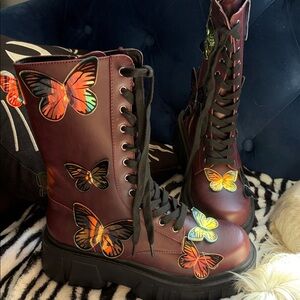 Dolls Kill Maroon Butterfly Moto Boots